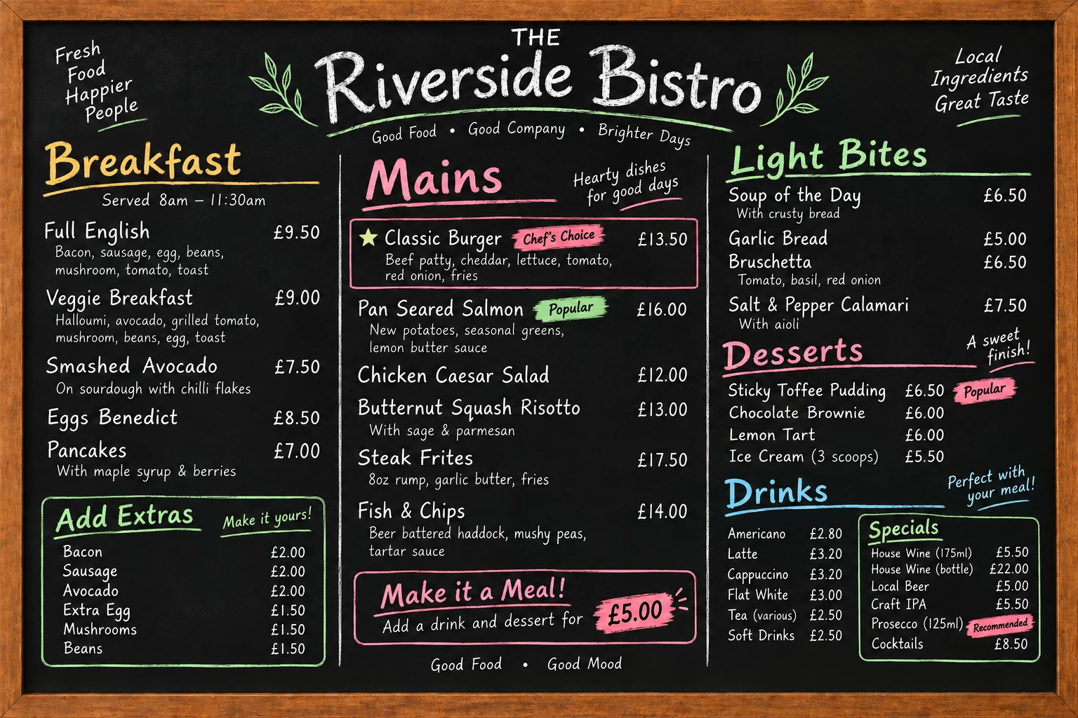 The revised menu board: less clutter, prices aligned in neat columns, Chef's Choice and Popular labels, an Add Extras box, a Make it a Meal offer and a drinks Specials panel